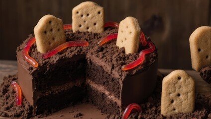 Chocolate cake decorated as a dirt pile with tombstone-shaped cookies and gummy worms