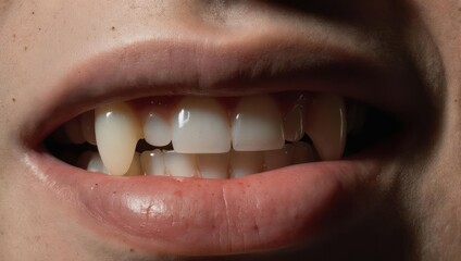 Close-up of a human mouth, showcasing teeth including prominent canines, implying fangs