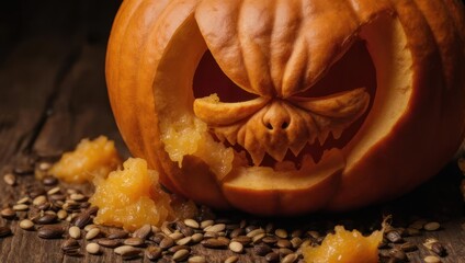 Close-up of a carved orange pumpkin with a menacing face, surrounded by seeds and pulp