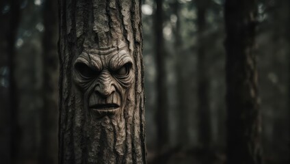 Carved, ominous face on a tree trunk in a dark, misty forest