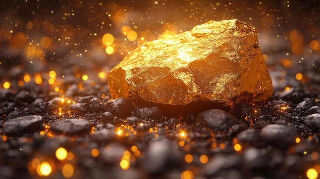 A stunning golden crystal rises from a dark stone bed, illuminated by warm light. The crystal's facets sparkle brilliantly, creating a captivating visual. - Powered by Adobe