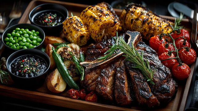 Delicious steakhouse porterhouse steak and colorful fresh roast vegetables with mangetout peas, corn, zucchini, bell pepper, potato and tomato on a wooden board, view from above