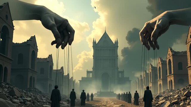 Puppeteer hands controlling people in a dystopian world