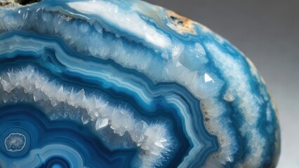 Close-up detail of a polished agate gemstone with layered blue and white bands