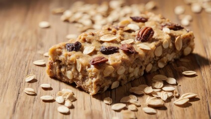 Close-up of a healthy granola bar with oats, nuts, and dried fruit on a wooden surface
