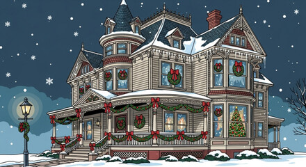 Charming Victorian home decked with Christmas wreaths and garland, a snowy holiday scene evoking warmth and festive cheer, perfect for seasonal greetings