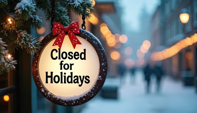 A round sign reads Closed for Holidays in bold black text. A red polka dot bow adorns the top. Snowy branches and blurred festive lights create a winter scene.