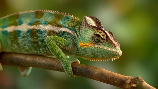 Close-up of a Green and Blue Chameleon on a Branch reptile lizard