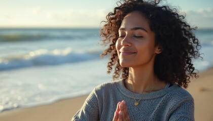 Young woman meditates on beach with eyes closed, hands together, wearing grey sweater, necklace. Curly hair, peaceful expression. Sea waves in background, sandy shore, calm morning atmosphere,