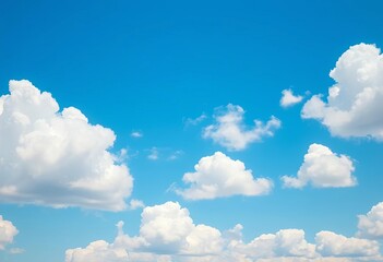 Fluffy white cartoon clouds float on a vibrant blue sky background, cloud background, clouds illustration