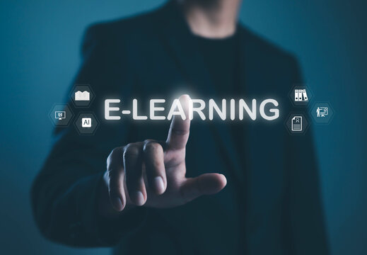 Modern e-learning interface showing a professional touching a glowing digital learning button, symbolizing online education, virtual training, and innovative technology-driven knowledge access.