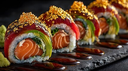 Sushi roll with avocado and salmon on a black plate. The sushi roll is covered in gold flakes and has a black sauce drizzled on top