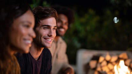 Group of diverse young adults smiling and enjoying time together outdoors near a warm fire pit at night