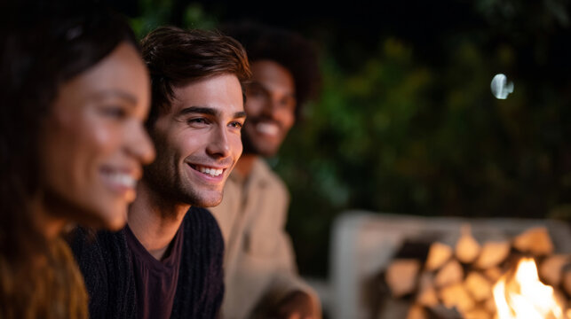 Group of diverse young adults smiling and enjoying time together outdoors near a warm fire pit at night