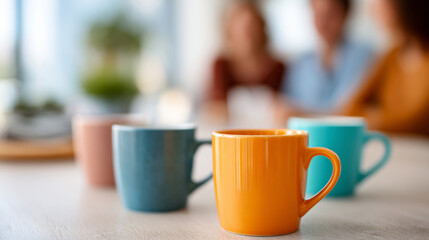 Close-up of colorful coffee mugs on table with blurred people in background during casual social gathering indoors