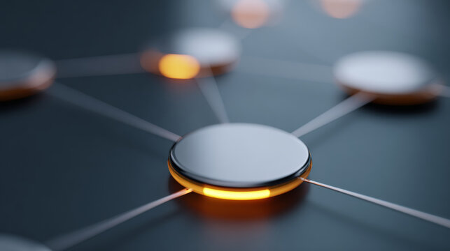 Close-up of interconnected circular nodes with glowing orange accents on a dark surface representing digital network or technology concept