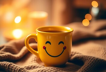 Obraz premium Smiling yellow coffee cup, warm lighting, cozy feel, breakfast, morning