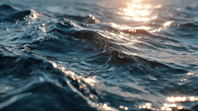 The scene captures the shimmering ocean waves, with sunlight glistening on the water's surface in a serene setting. The continuous motion of the waves reflects the tranquil beauty