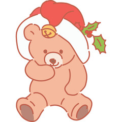 Cute Teddy Bear Wearing Santa Hat With Jingle Bell and Holly Accent Sitting Down with Transparent Background and Rough Sketch Style for Holiday Season