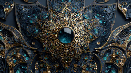 Decorative symmetry arabesque. Gold on blue background. Seamless pattern medieval floral royal pattern. Good for greeting card for birthday, invitation or banner.