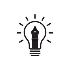 Black ink pen nib inside a light bulb with radiating lines on white background idea