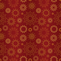 Seamless golden red star pattern. Beautiful textile or paper print. Vector illustration. Repeating ornate background.