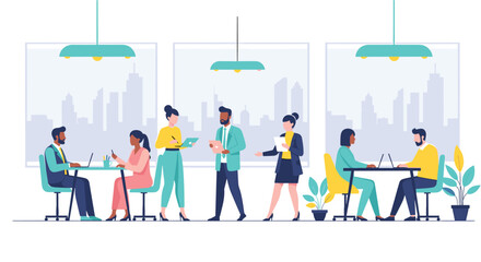 Diverse Professionals Collaborating in Modern Office Space with City View, Fostering Teamwork, Innovation, and Productivity in a Stylish and Comfortable Environment.