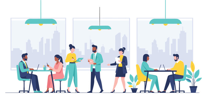 Diverse Professionals Collaborating in Modern Office Space with City View, Fostering Teamwork, Innovation, and Productivity in a Stylish and Comfortable Environment.