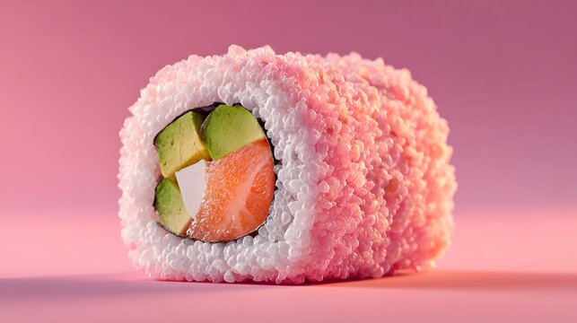 Pink sushi roll with avocado and salmon. The pink color of the roll and the pink background create a playful and fun mood