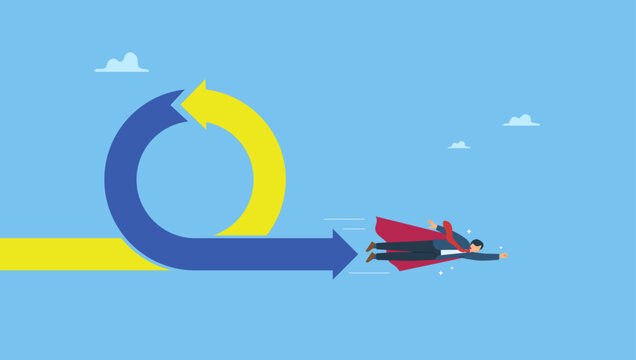 Businessman flying with agile cycle. Agile methodology in project management or software development, sprint or dev cycle to release and improve product, scrum process or workflow.