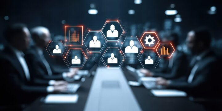 A futuristic strategy room where leadership guides a discussion connecting regulation partnership logistics networking and performance to forge a unified long term vision