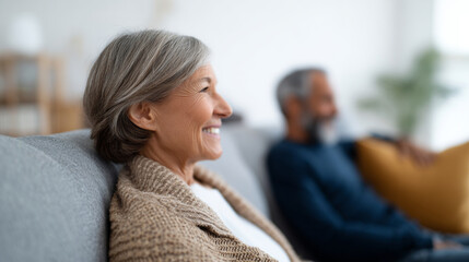 Smiling mature woman sitting on couch in cozy sweater with blurred man in background in modern living room