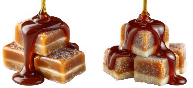 Rich caramel candies drizzled with luscious sauce, stacked in two piles, creating a tempting dessert isolated on transparent background