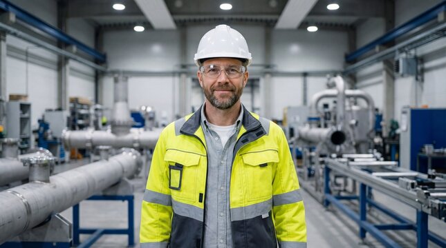 Middle-aged Caucasian man with beard in safety gear stands in modern industrial assembly workshop - Powered by Adobe