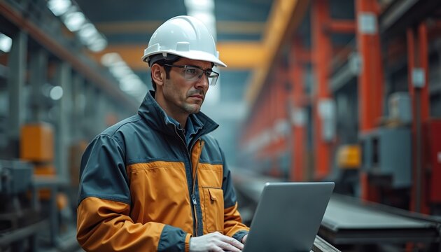 Man in safety helmet and jacket works on laptop in steel factory. Technician analyzes data near metal production machinery. Engineer checks progress in industrial manufacturing plant.