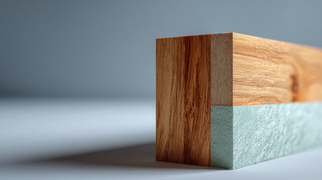 Close-up of a wooden block with a painted lower section on a smooth surface with soft lighting and blurred background