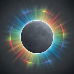 Radiant Spectrum Void, abstract light beams, radial burst, colorful rays, dark void center, spectrum glow, rainbow flare, digital illustration, ethereal design, blurred light streaks, diffused beams,