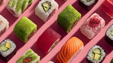 Row of sushi rolls with a variety of colors and flavors. The sushi rolls are arranged in a way that they look like they are on a table or a counter. Concept of variety and abundance