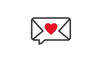 A stylized envelope outlined in black, sealed with a red heart, resembling a speech bubble