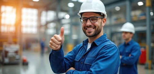 Man in safety hardhat shows thumbs up in factory. Industry worker gives positive feedback at workplace. Engineer smiles. Good job, great results, expert approves at plant. Production quality control.