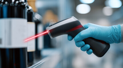 Close-up of gloved hand scanning barcode on wine bottle with handheld laser scanner in retail or warehouse environment
