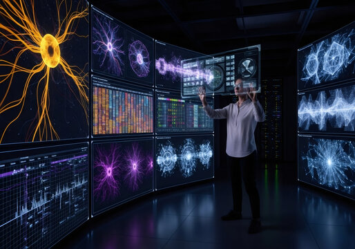 Woman scientist interacting with virtual screen featuring neural networks and data. Artificial intelligence and machine learning concept for research.