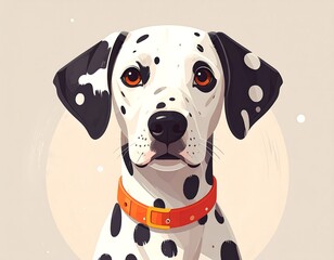 A stylized illustration of a Dalmatian with black spots, amber eyes and a bright orange collar