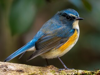森の中で周りを見渡しているルリビタキの雄の美しい繊細な羽毛の様子がわかるクローズアップ
