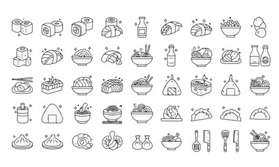 Japanese Food and Kitchen Line Art Icon Set. Vector Illustration of Sushi, Ramen, Dumplings, Onigiri, and Utensils in Cute Hand Drawn Outline Style Isolated on White Background