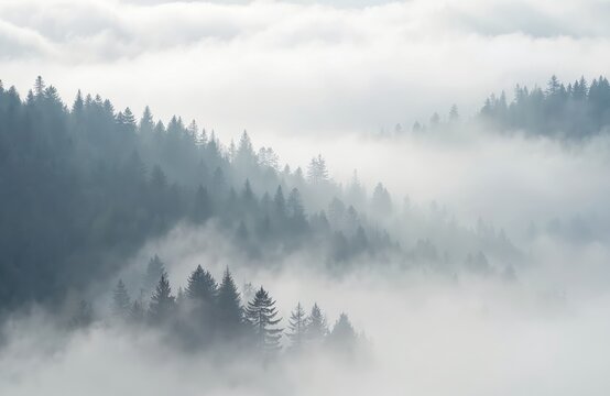Misty morning over evergreen forest hills. Dense fog hides pine trees creating a serene natural landscape. Sunlight breaks through clouds above the tranquil wilderness.