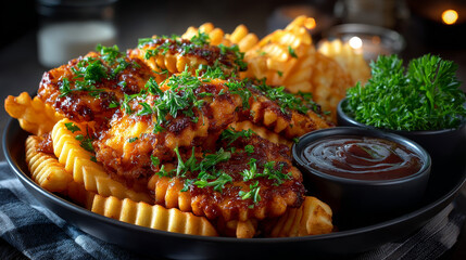 Pile of crinkle cut fried potato chips on a white background for a tasty, but unhealthy, takeaway fast food snack
