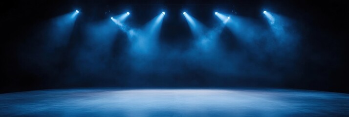 Dramatic stage lighting with blue spotlights and smoke effects