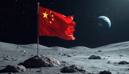 Fototapeta premium Chinese flag plants on moon surface. Earth in distance. Night scene with stars. Symbol of space exploration. Concept of China lunar mission. Future technology and space travel.