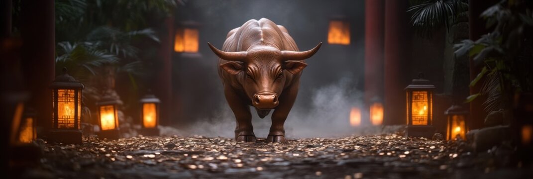 Majestic bull surrounded by lanterns in mystical setting